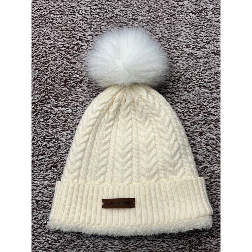 Layer 8 Womens Cable Knit Beanie Ivory Faux Fur Pom Sherpa Lined Winter Hat